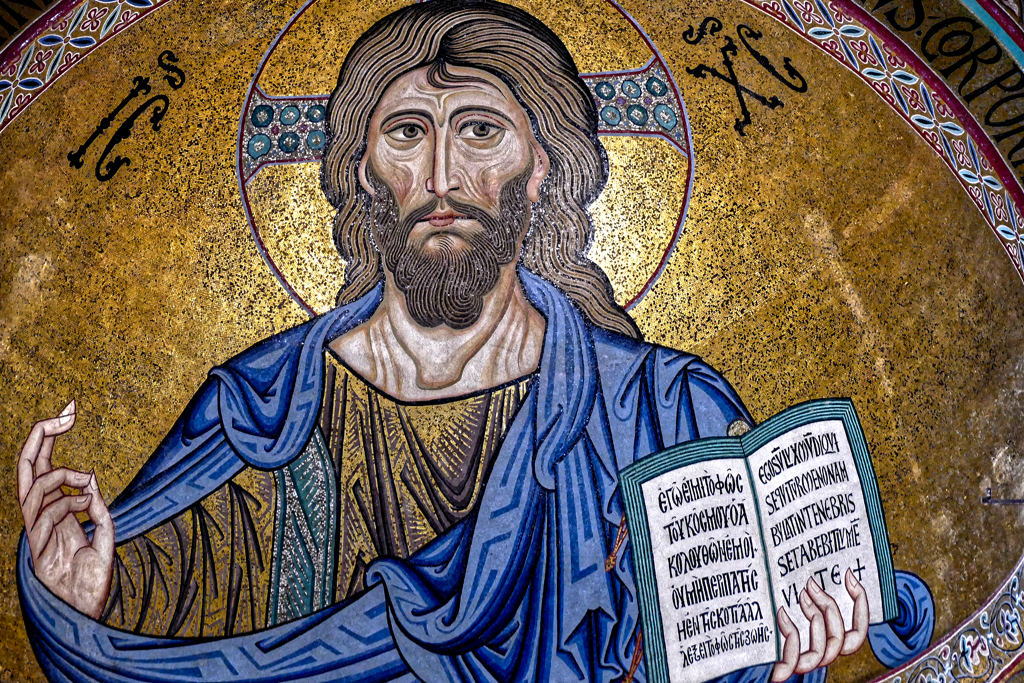 The mosaic of Christ Pantocrator is typical of Norman-Byzantine art in Sicily and dates from the 12th century.