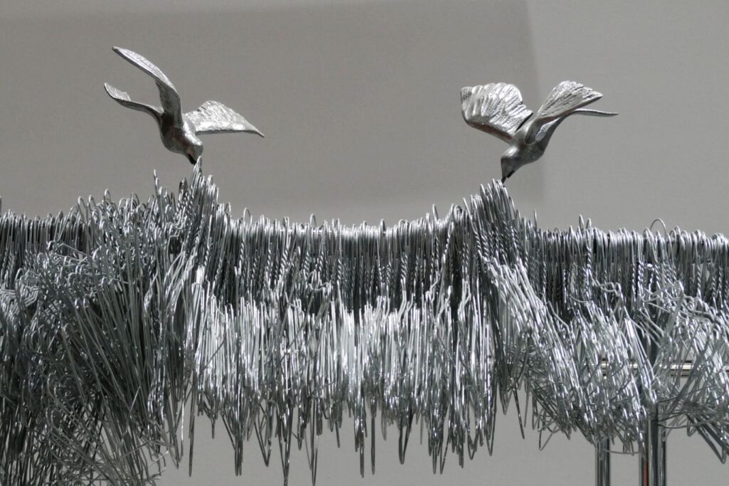 Sculpture made from wire hangers. 