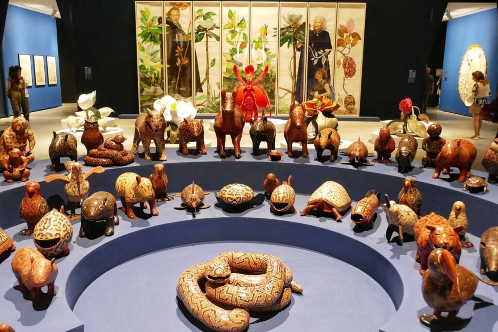 The Council of the Mother Spirits of the Animals by Celia Vasquez Yui and the painting Anatomy of the Magnolia Tree for Koyo Kouoh and Toni Morrison in the backdrop are part of the curated exhibition at main pavilion of the Giardini.