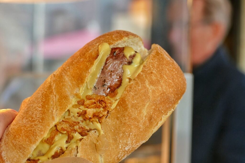 Swiss sausage in a bread roll.
