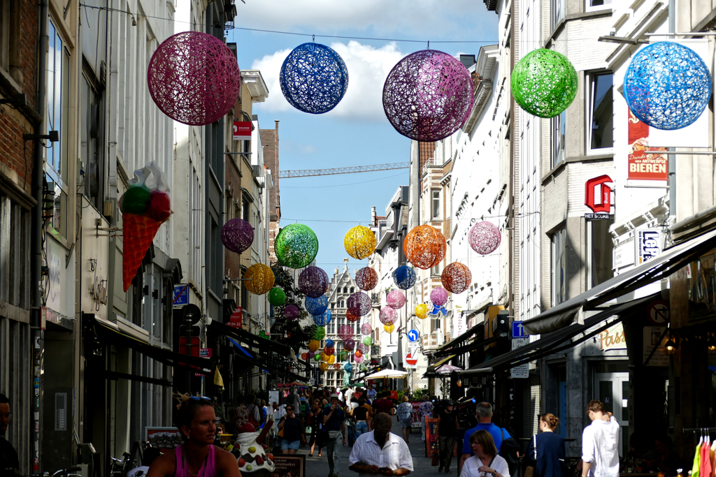 Antwerp's colorful shopping street Hoogestraat.