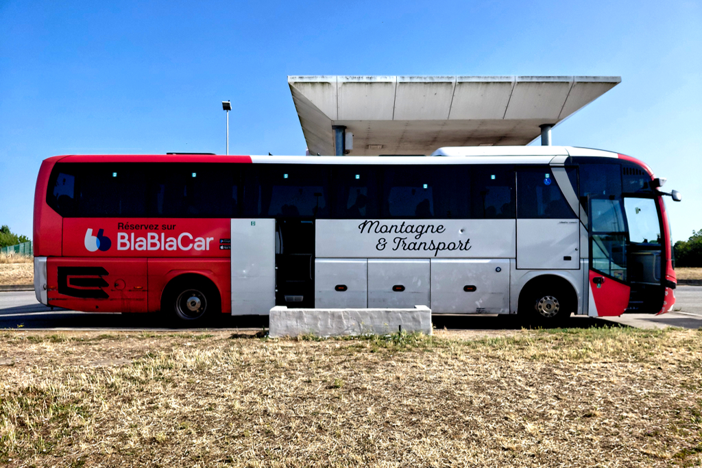 Blablacar bus at a rest stop in France.