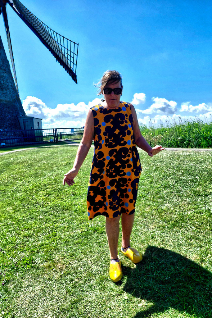 Renata Green wearing clogs in Kinderdijk.