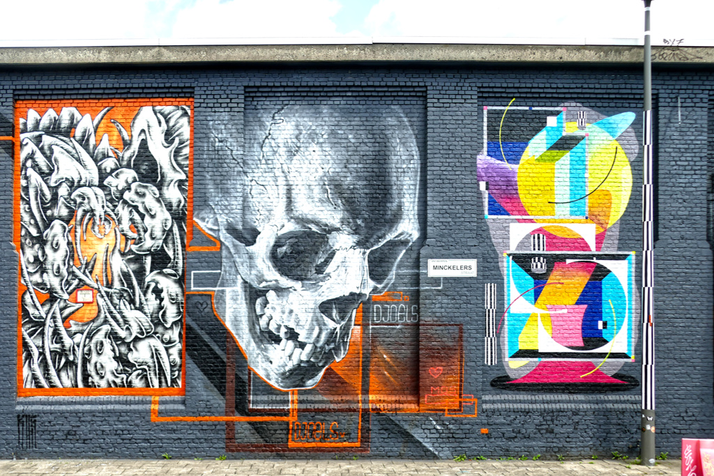 The Belgian artist Djoels painted the photorealistic skull. On the right, Lost Optics designed a colorful pop art field, and on the left, La.kus created the black and white intertwined shapes.