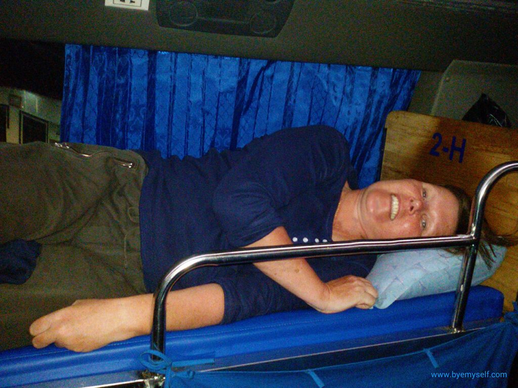 Renata Green on a Bunk bed on the Giant Ibis bus from Sihanoukville to Siem Reap.