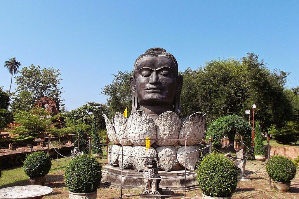 Statue of a Buddha head in a blossom at the city of Ayutthaya, Thailand