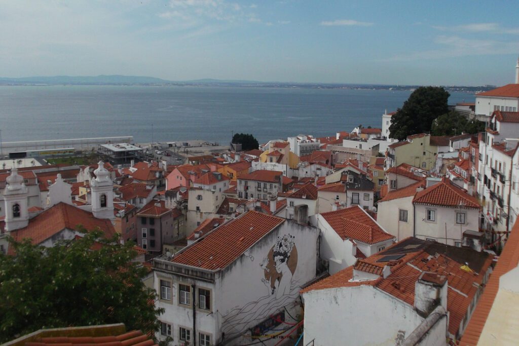 View from the Largo do São Vicente over Lisbon to river Tejo. Guide Lisbon Tram 28